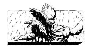 Tête de chapitre encrée en clair obscure - un groupe de corbeaux sinistres sous la pluie. tête de chapitre d'Annabel Pickering and the Sky pirate, the fantastical contraption écrit par Brétigne shaffer, illustré par Mefisheye