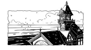 Tête de chapitre encrée en clair obscure - des corbeaux sinistres . tête de chapitre d'Annabel Pickering and the Sky pirate, the fantastical contraption écrit par Brétigne shaffer, illustré par Mefisheye