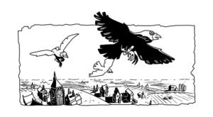 Tête de chapitre encrée en clair obscure - des oiseaux messagés au dessus du paysage anglais. tête de chapitre d'Annabel Pickering and the Sky pirate, the fantastical contraption écrit par Brétigne shaffer, illustré par Mefisheye