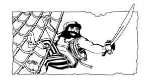Tête de chapitre encrée en clair obscure - un pirate barbu en plein combat. tête de chapitre d'Annabel Pickering and the Sky pirate, the fantastical contraption écrit par Brétigne shaffer, illustré par Mefisheye