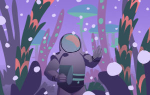 personnage admire neige qui tombe sur la planete neon