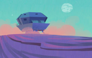 illustration atterrisage navette sur planete neon