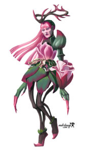 Illustration en couleur du personnage d'Aslinn, concept de personnage créé pour le jeu de plateau Argox.