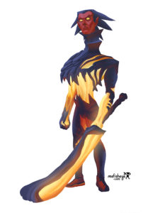 Illustration en couleur du personnage de Kuroi, concept de guerrier dragon pour le jeu de société Argox