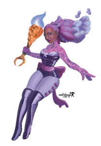 Illustration en couleur du personnage de Yorimitsu, magicienne élémentaliste appartenant à l'univers du jeu de société Argox.