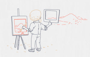 Un artiste peint un tableau en regardant à travers un polaroid troué.