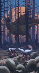 Au milieu de la nuit, un dinosaure géant se fait voler ses oeufs par de petits dinosaures mangeaurs d'oeufs.