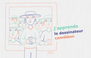 dessinateur caméléon touche à tout avec son autoportrait derrière lui