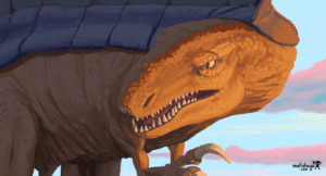 Gros plan d'un crâne de dinosaure durant un crépuscule. Animal réaliste