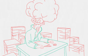 dessinateur dont la tête explose à cause de la surcharge de travail. Il fait un burn out.