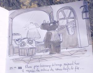 Fan art animal crossing. Le personnage de Rhino regarde le contenu d'une vitrine d'un magasin de vêtements.