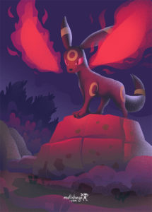 Illustration d'un animal en couleur. Il s'agit du pokemon nommé Noctali. Posé sur un rocher, il intimide son adversaire en lançant une magie.