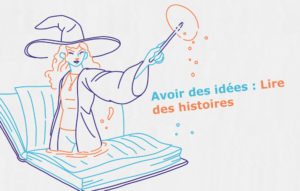 Une sorcière rousse sort tout droit d'un livre en lancant un sort avec sa baguette magique.