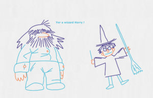 Dessin enfantin des personnages d'Hagrid et du jeune sorcier Harry Potter