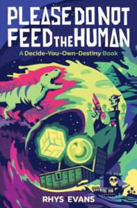 book cover design of Rhys Evans's story Please do not feed the human. Illustrated by Florian Mefisheye Garbay