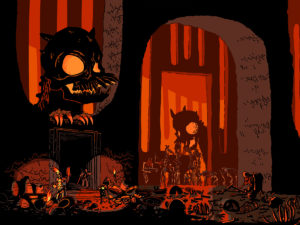 fantasy illustration of adventurers crossing the hell dogs feeding room