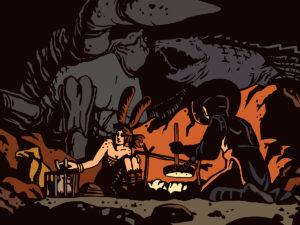 fantasy illustration of adventurers dining while giants monsters fight in the background