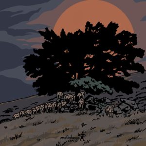 horror illustration - strange sheeps under the moonlight